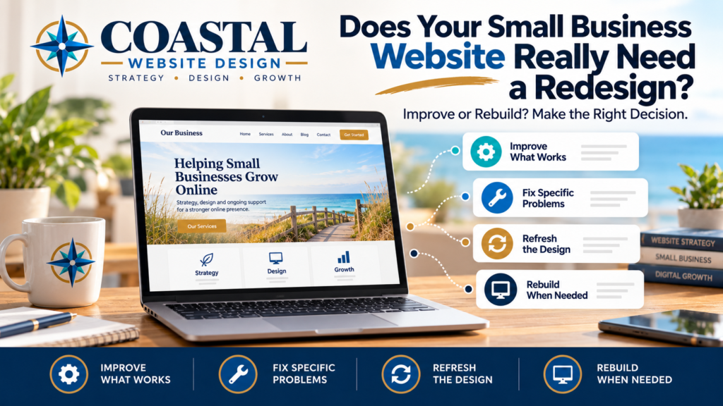 Coastal Website Design illustration showing a business website on a laptop and four possible solutions: improve what works, fix specific problems, refresh the design, or rebuild when needed.
